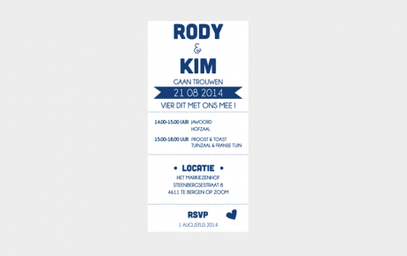 trouwkaart letterpress ticket Kim en Rody