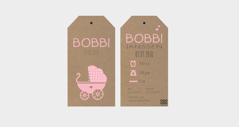 geboorte label vintage kinderwagen kraft karton