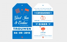 Trouwlabels offset fluor oranje blauw