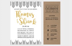 Letterpress trouwkaart set met goud folie en kraft tijdlijn kaart