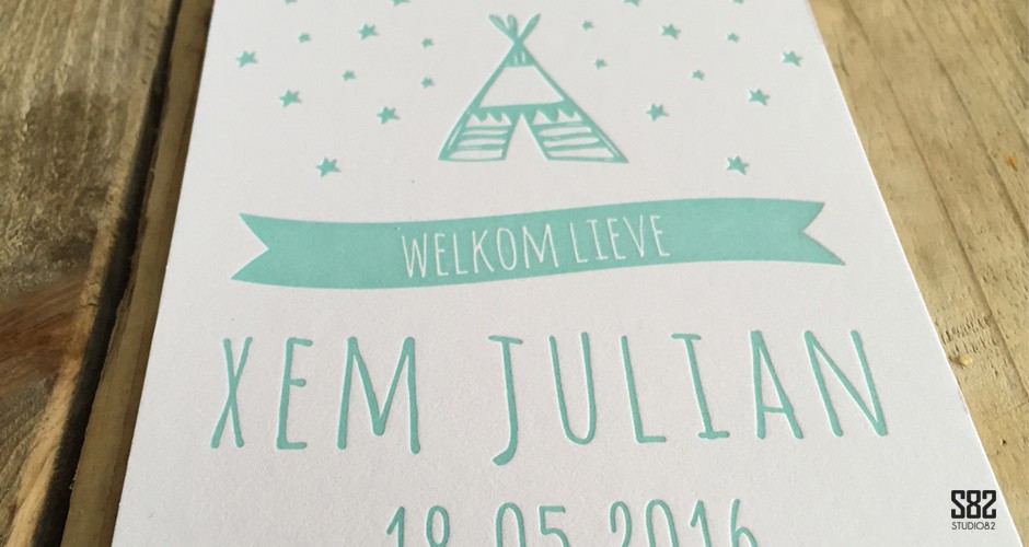 letterpress geboorte kaart mint groen tipi